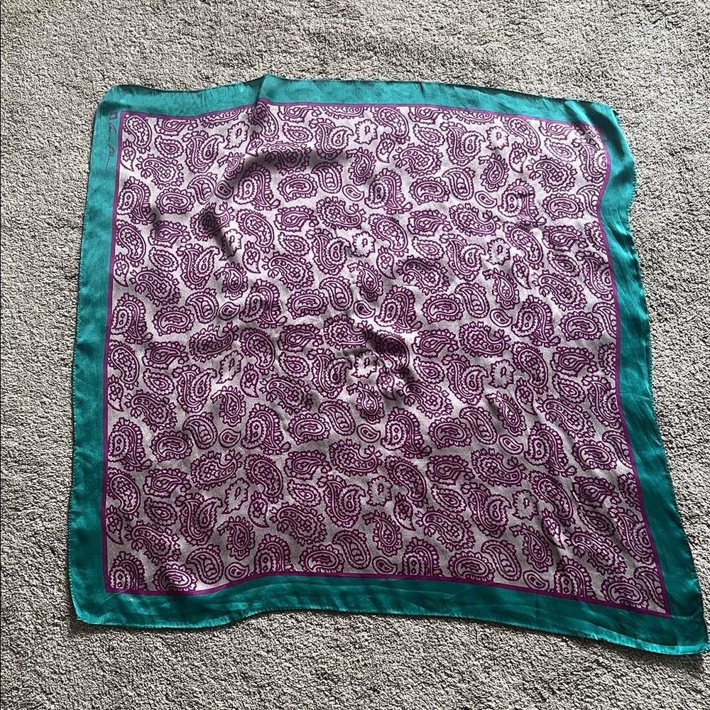 Vintage Anne Klein 100% Silk Paisley Scarf Teal & Purple Square